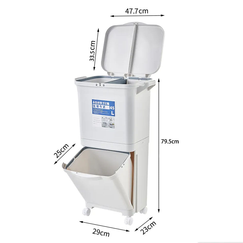 45L White Double-Layer Three-Compartment Trash Can with Wheels