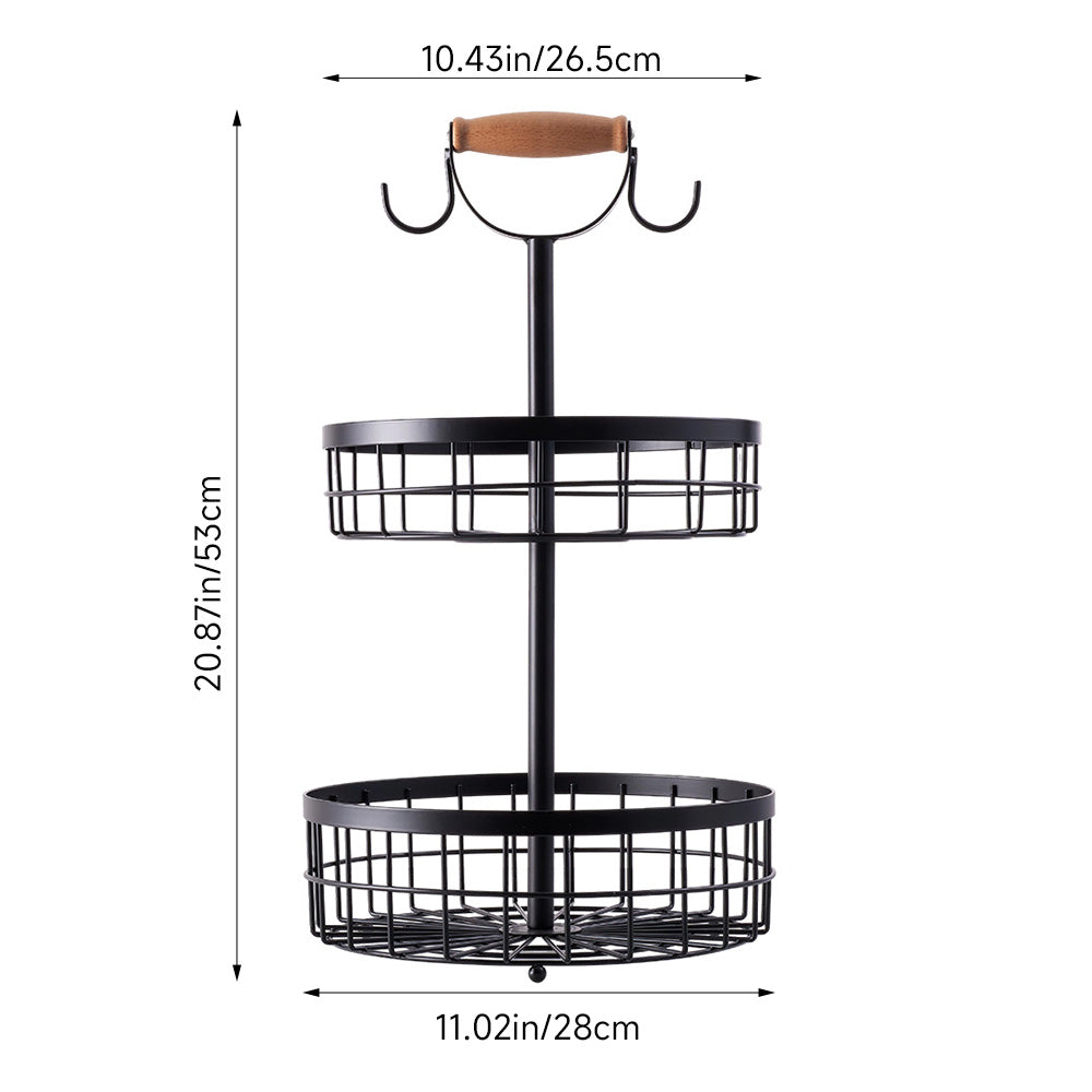 2-Tier Fruit Basket with Hangers and Wooden Handle