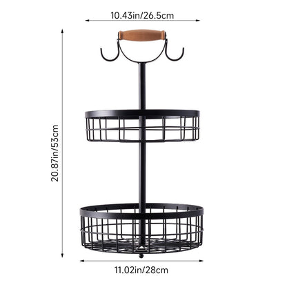 2-Tier Fruit Basket with Hangers and Wooden Handle