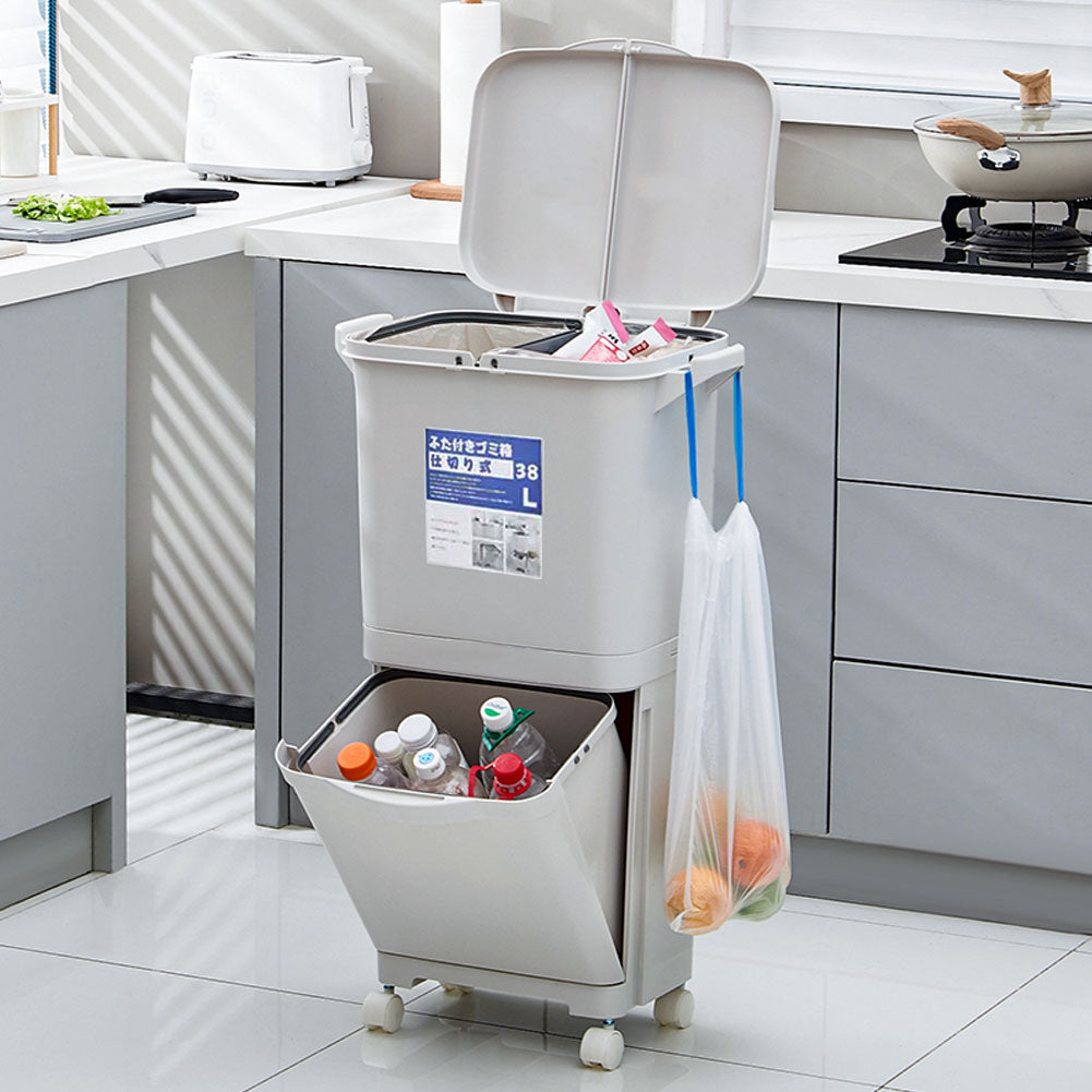 White Double-Layer Three-Compartment Trash Can with Wheels