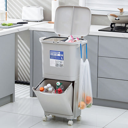 White Double-Layer Three-Compartment Trash Can with Wheels