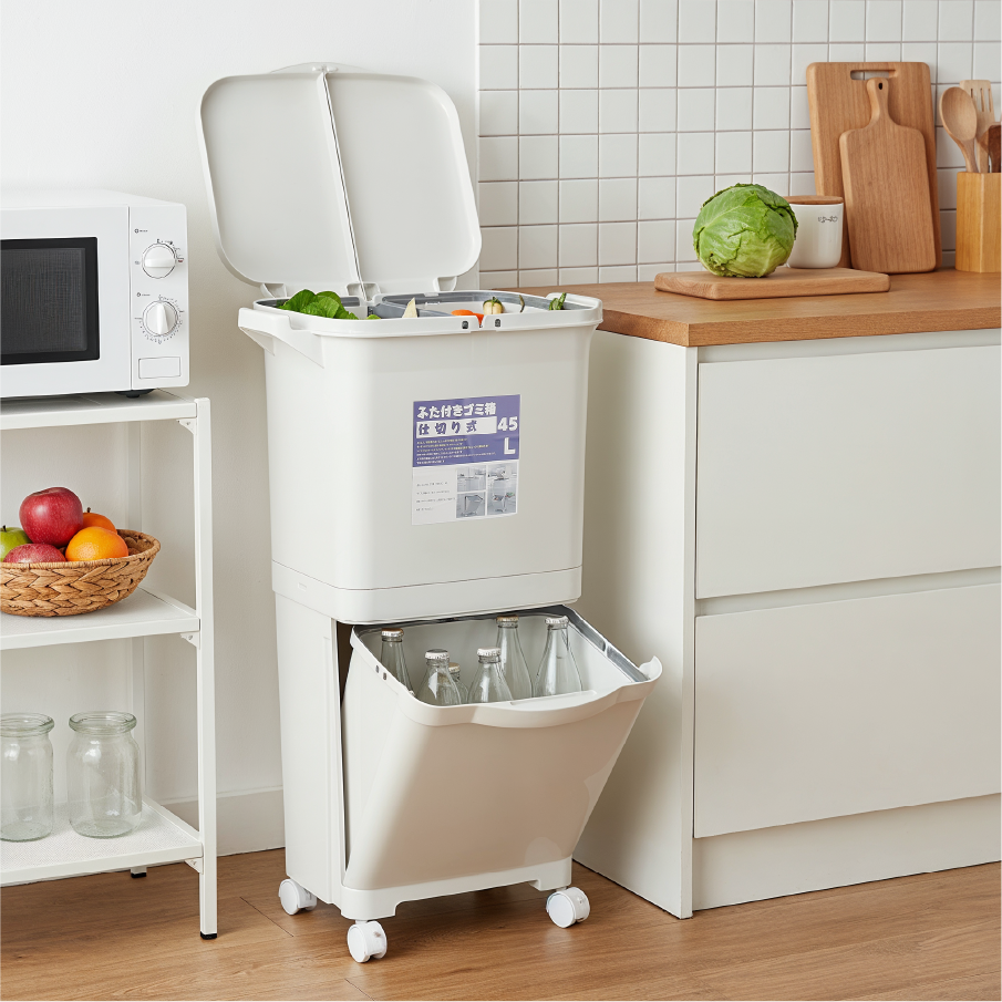 45L White Double-Layer Three-Compartment Trash Can with Wheels