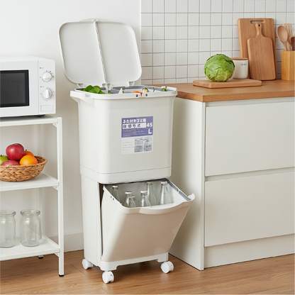 45L White Double-Layer Three-Compartment Trash Can with Wheels