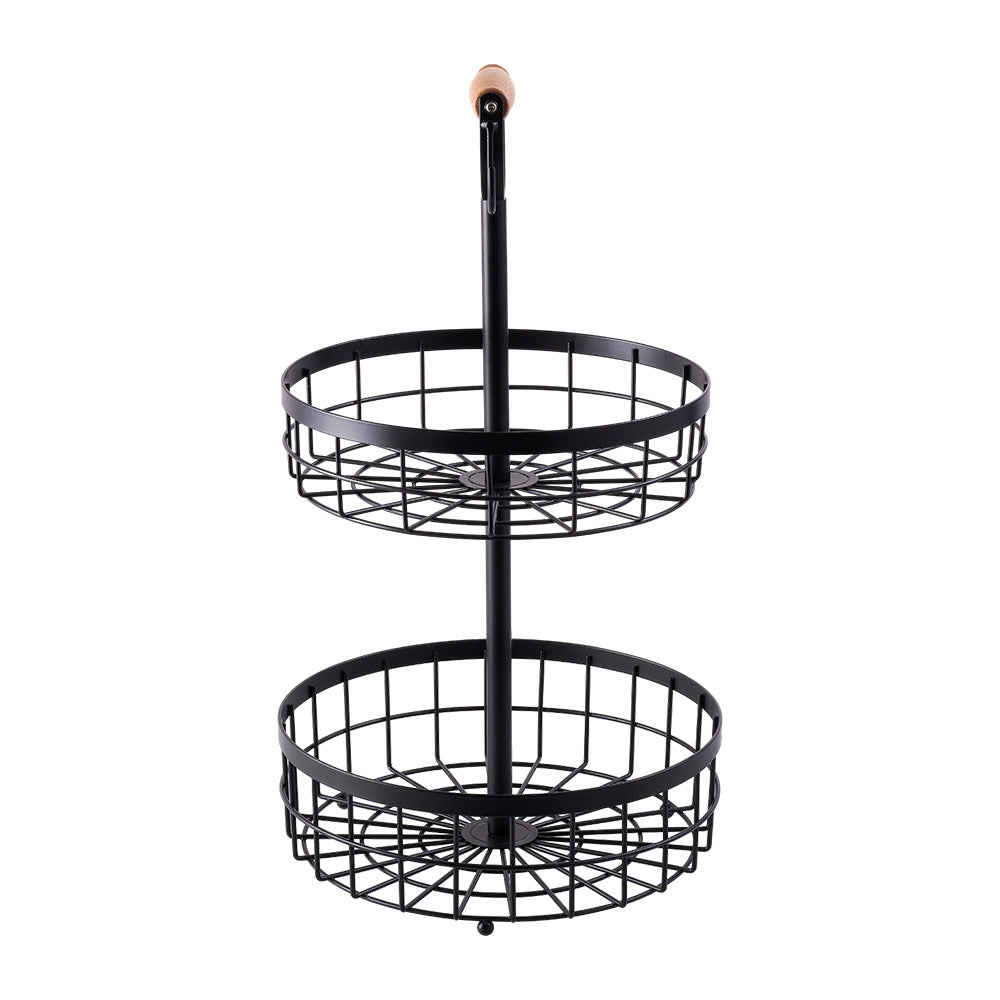 2-Tier Fruit Basket with Hangers and Wooden Handle