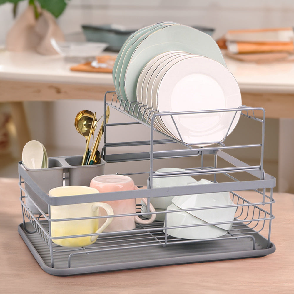 2 Tier Metal Dish Drainer Rack Sink Washing Plates Draining Board