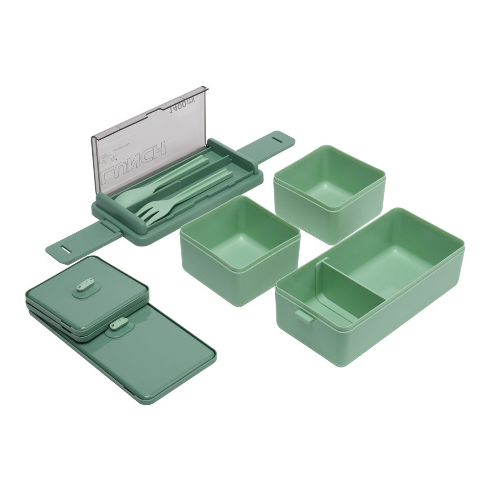 Dual-Layer Plastic Bento Lunch Box with Cutlery