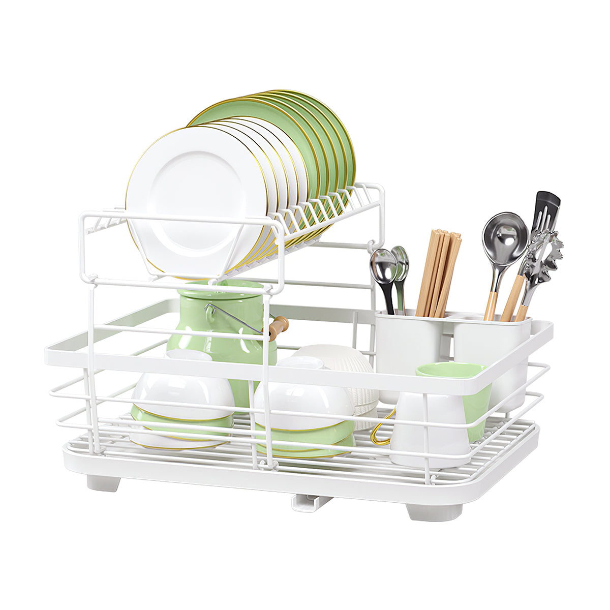 2-Tier Metal Dish Rack with Utensil Holder Dish Drainer for Kitchen Counter