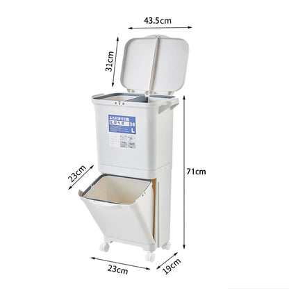 White Double-Layer Three-Compartment Trash Can with Wheels