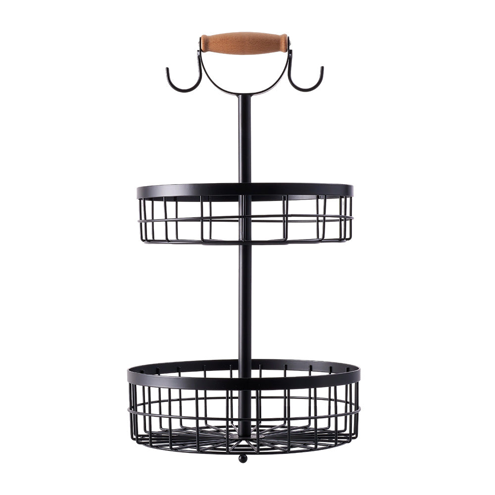 2-Tier Fruit Basket with Hangers and Wooden Handle