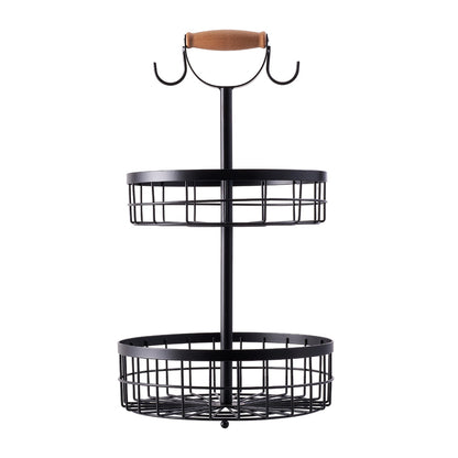 2-Tier Fruit Basket with Hangers and Wooden Handle