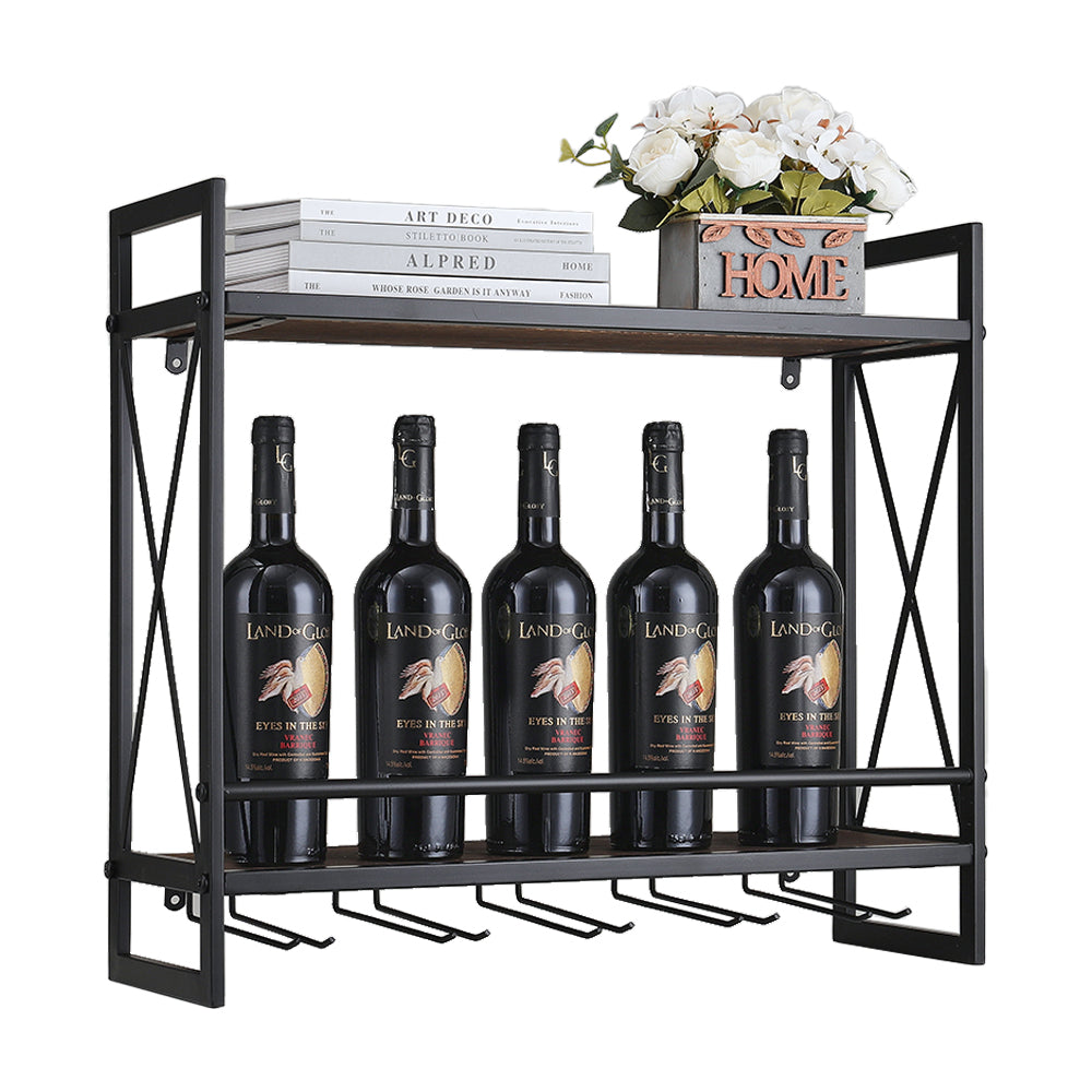 Industrial Hanging Wine Glass Rack Wall Mounted Floating with 5 Glass Holder