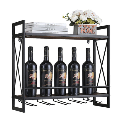 Industrial Hanging Wine Glass Rack Wall Mounted Floating with 5 Glass Holder