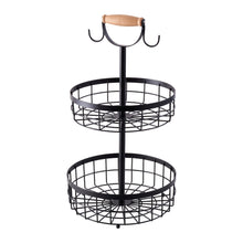 2-Tier Fruit Basket with Hangers and Wooden Handle