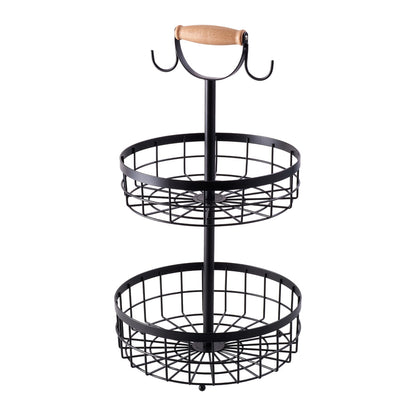 2-Tier Fruit Basket with Hangers and Wooden Handle