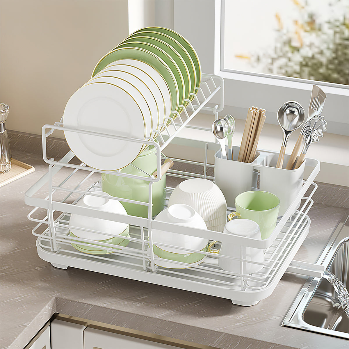2-Tier Metal Dish Rack with Utensil Holder Dish Drainer for Kitchen Counter