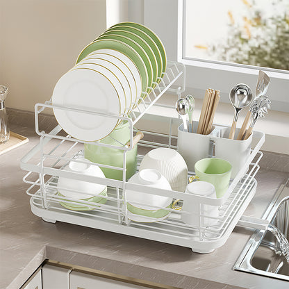 2-Tier Metal Dish Rack with Utensil Holder Dish Drainer for Kitchen Counter