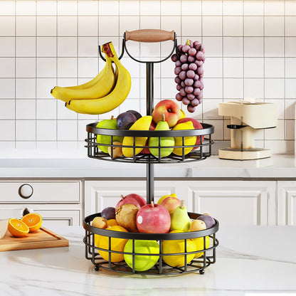 2-Tier Fruit Basket with Hangers and Wooden Handle
